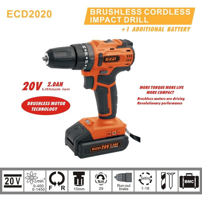 Ezzi Cordless Impact Drill – 20V 2.0Ah Brushless Motor – Model ECD2020 – Egypt