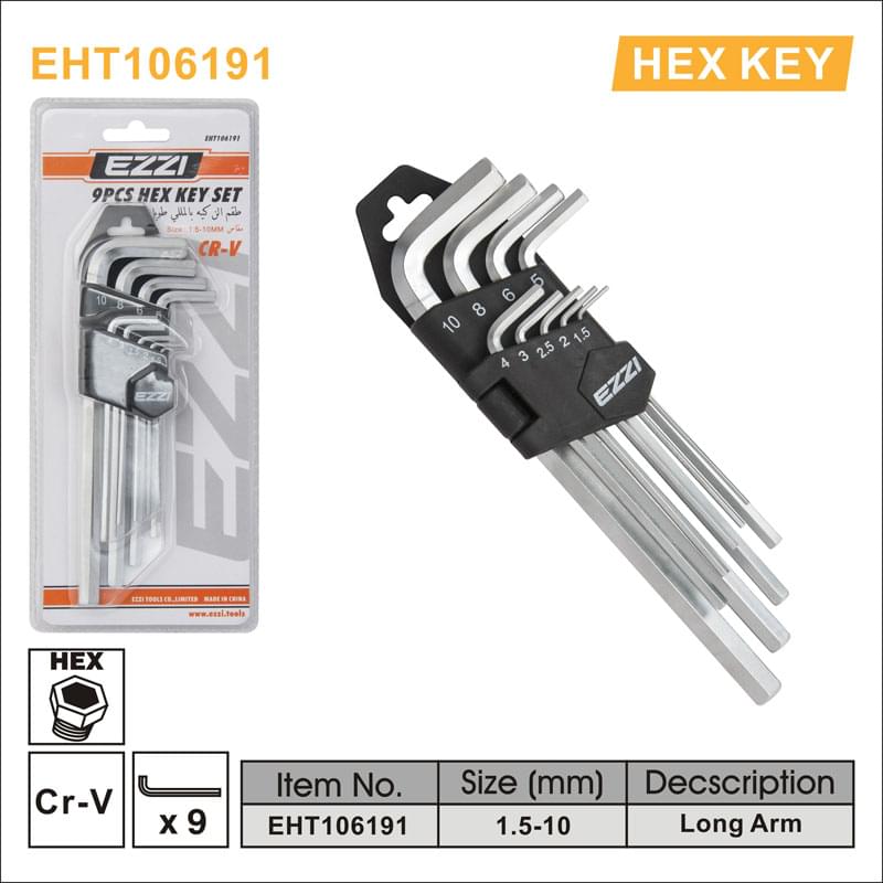 Ezzi Hex Key Set 9pcs – CR-V Steel – 1.5–10mm – Model EHT106191