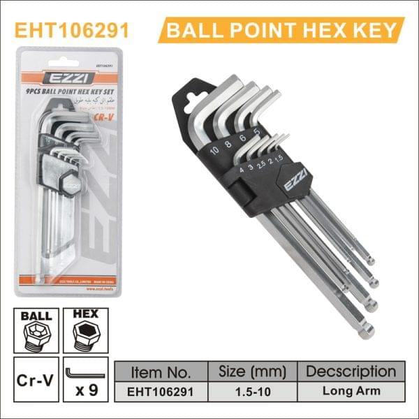 Ezzi Ball Point Hex Key Set 9pcs – CR-V Chrome Steel – Model EHT106291