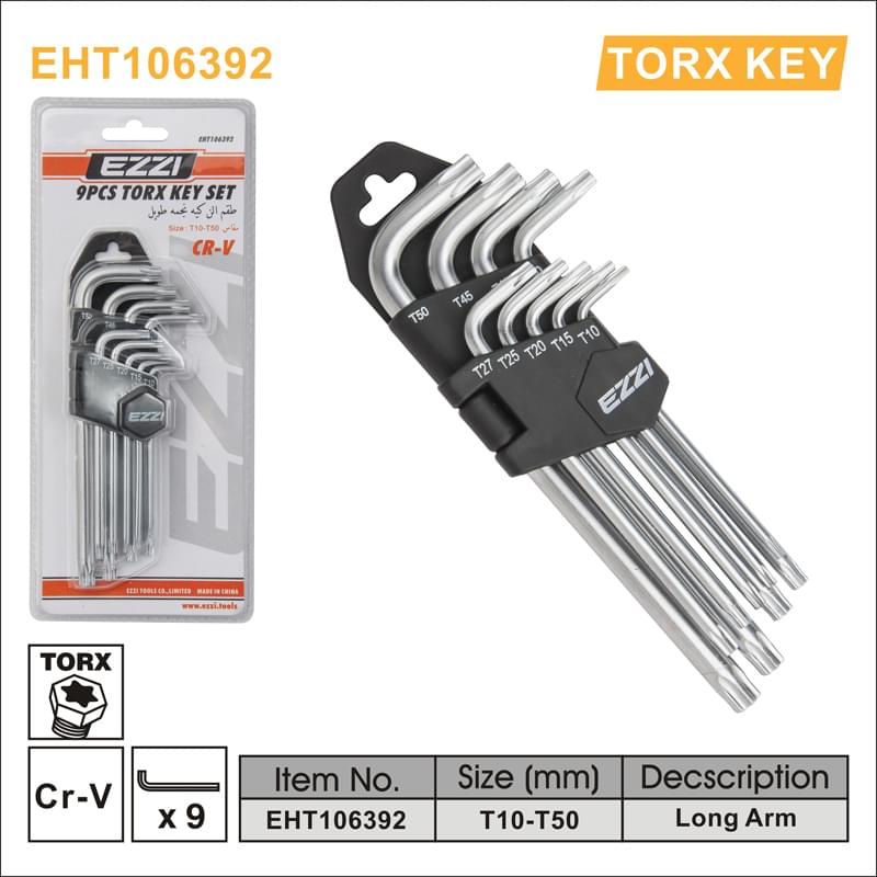 Ezzi Torx Key Set – 9pcs (T10–T50) – CR-V Chrome Steel – Model EHT106392