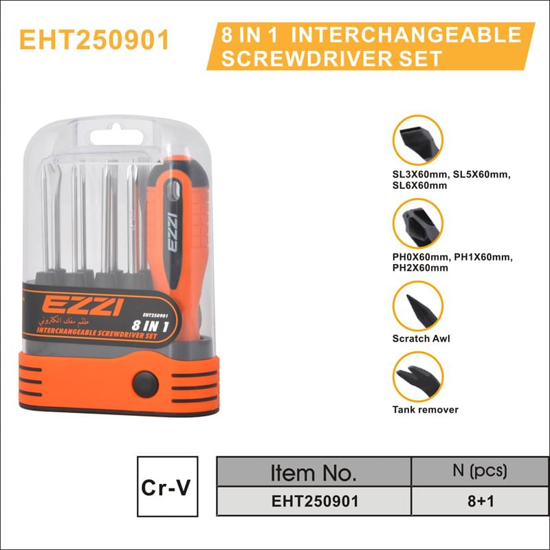 Ezzi Interchangeable Screwdriver Set – 9pcs – EHT250901 – Magnetic Cr-V Hand Tool Kit